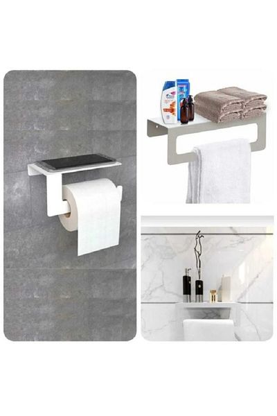 Dione Store Μοντέρνο Λευκό Μεταλλικό Σετ 3 - Πετσέτες μπάνιου με ράφι, κρεμαστή θήκη για ρολό τουαλέτας