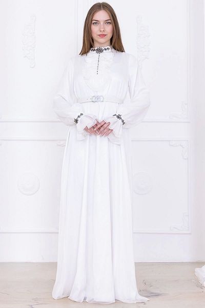 lodmela Collar Ruffled Beaded Chiffon Evening Dress 2716-Ecru