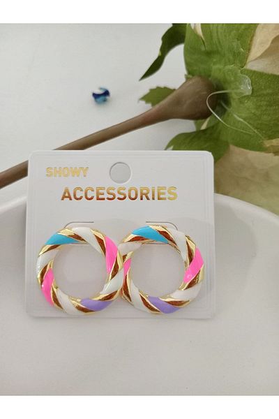 mos&more Gold Pink Lilac Blue Enamel Hoop Earrings