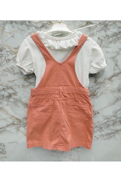 XORVİO Pocketed Girl's Pomegranate Color 2-Piece Set Short Sleeve T-Shirt Adjustable Strap Salopet Butterfly Pattern Dress