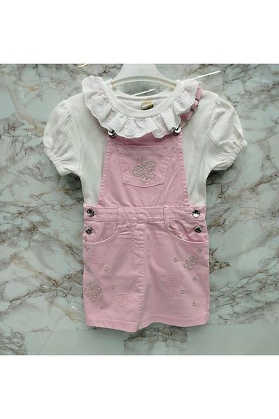 XORVİO Girl's Pink 2-Piece Set with Pockets Short Sleeve T-Shirt Adjustable Strap Salopet Butterfly Pattern Dress