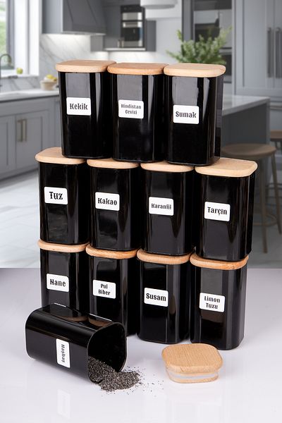 Lizzy 250 ml Vacuumed Bamboo - Black Acrylic Spice Bowl Set with 12 Labels as a Gift
