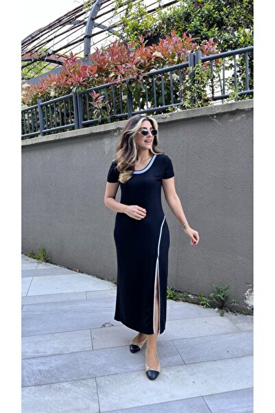 modaserdem Kadın Yuvarlak Ribana Yaka Beyaz Yırtmaç Detaylı Viskon Tam Boy El...