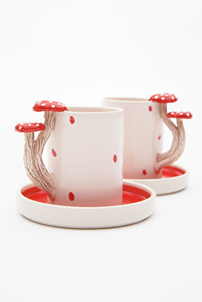 Loomart Mantar Figürlü 2 Kişilik 4 Parça El Yapımı Seramik Kahve Fincanı Takımı