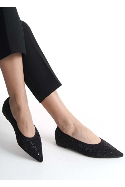KOCAMANLAR Feles Pointed Toe Stone Detailed Women's Ballerina Shoes Black