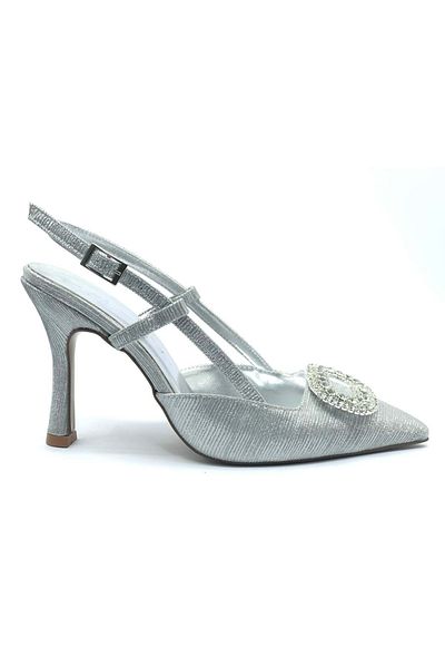 KOCAMANLAR Feles Stone Buckle Detailed Open Back Stiletto Women's Heeled Shoes Silver