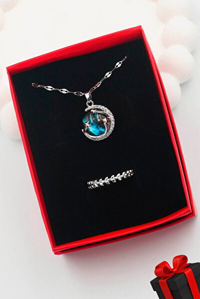 TREND COLLECTİON Kadın Paslanmaz Çelik Gümüş Zirkon Taşlı Gökyüzü Kolye Ve Taç Yüzük Set