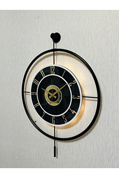 Pey Aksesuar Metal Camlı Duvar Saati 60x80 Cm Büyük Boy Işıklı Gerçek Cam Siy...
