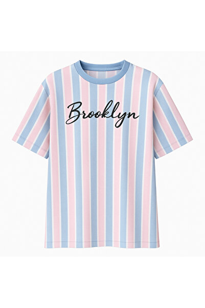 Ünisex Mavi Çift Renk Çizgili Oversize T-shirt