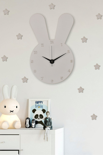 İnfigo Concept Beyaz Tavşan Figürlü Ahşap Çocuk Odası Duvar Saati 25x40 Cm (A...
