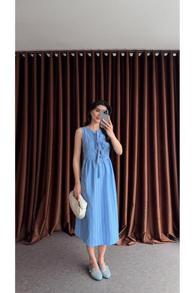 HAZELANNA Bağlamalı Şeritli Mavi Elbise