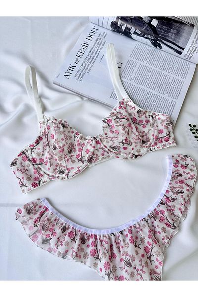İNKO İÇ GİYİM Floral Underwire Tulle Bra Thong Set