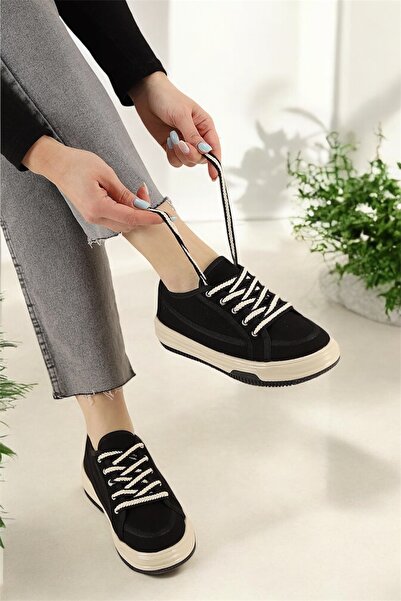 LANDSHOES Siyah Kadın Yüksek Taban Sneaker Keten Kumaş Bağcıklı Kadın Spor Ayakkabı