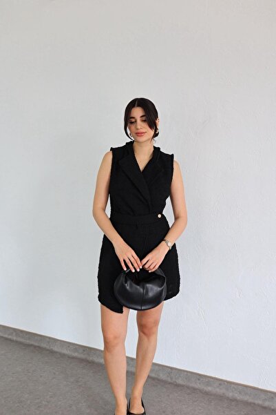 HAZELANNA Φόρεμα Boucle Μαύρο Tweed