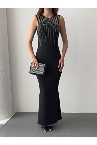 Viyamo New Season Women's Shoulder Strap Front Stone Embroidered Fish Cut Janjan Crepe Maxi Evening Dress