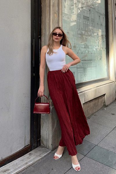 Cochines Women's Burgundy Crinkled Pleated Long Maxi Skirt with Shirring Detail