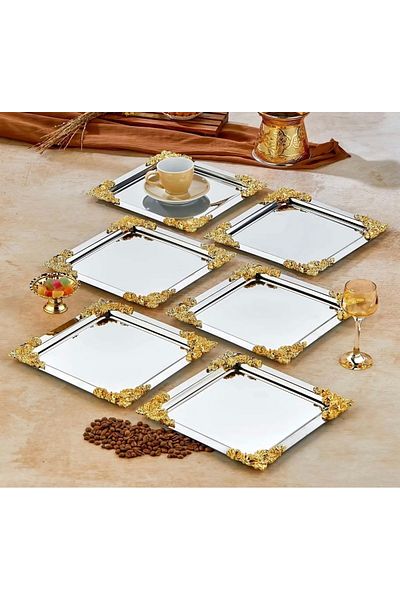 Elzemm store DECORATIVE STAINLESS STEEL SQUARE 6 PIECES PRESENTATION TABLE WITH FOUR EDGE ROSE ACCESSORIES