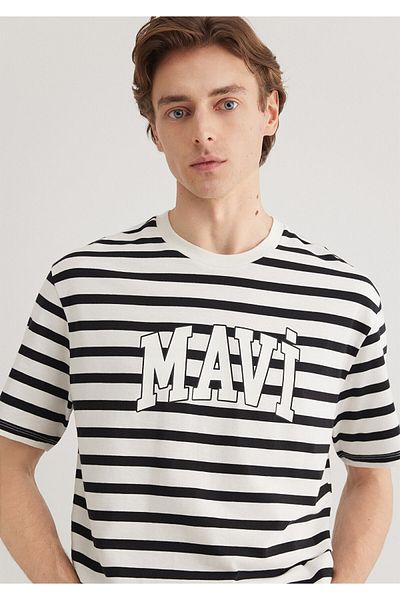 Mavi Λευκό μπλουζάκι με ριγέ στάμπα με λογότυπο Loose Fit / Loose Relaxed Fit 0612421 -900