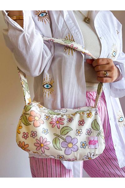 girlsybags Geantă de umăr galbenă pentru femei Geantă cu curea florală Geantă baghetă Geantă din pânză cu fermoar Galben unt