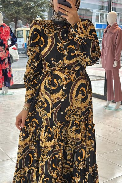 Cashmere Moda Women'S, Patterned, Long Sleeve, Buttoned, Flared, Full Length Long Dress