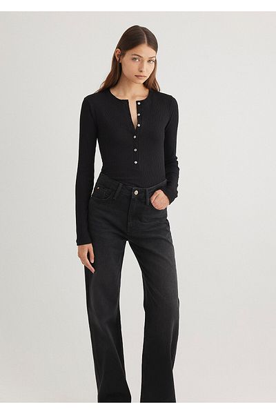Mavi Long Sleeve Button Detail Black T-Shirt Fitted / Body Fitted Cutout 1612886 -900