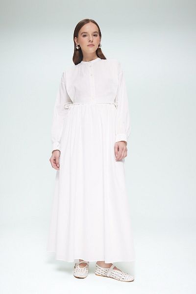 DeFacto Relax Fit Crew Neck Belted Poplin Long Sleeve Maxi Hijab Dress F1382Ax25Sm