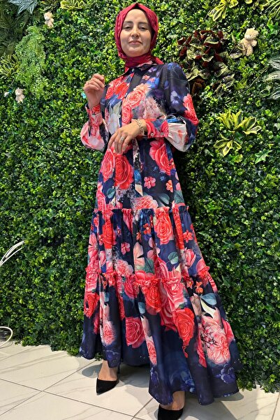 Cashmere Moda Women'S, Patterned, Long Sleeve, Buttoned, Flared, Full Length Long Dress