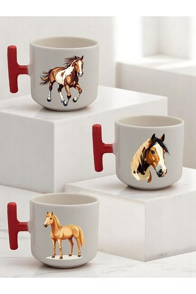 lili hediyelik Horse Printed 3-Piece Red Handled Mug