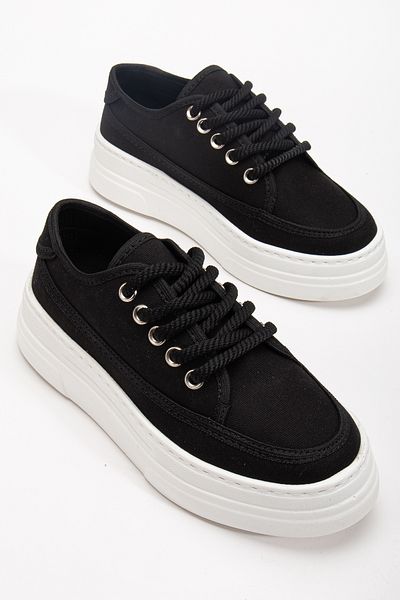 Tonny Black Women's Black Poly Sole Linen Rope Lace-Up Sports Shoes