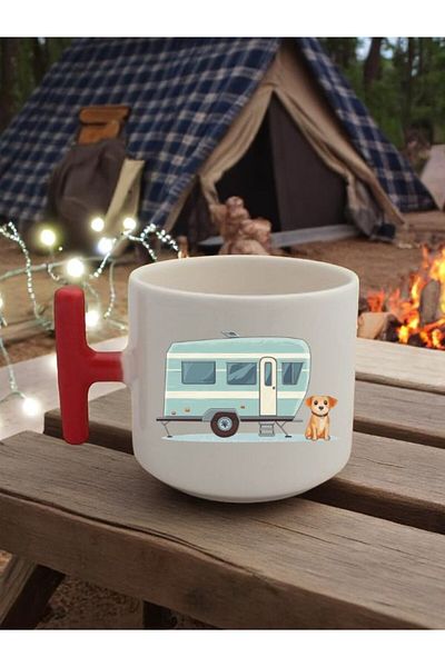 lili hediyelik Caravan and Dog Printed 3-Piece Red Handled Mug