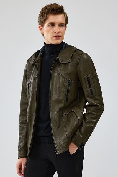 Derimod John Men's Green Hooded Leather Coat 24Wgd6531Jb