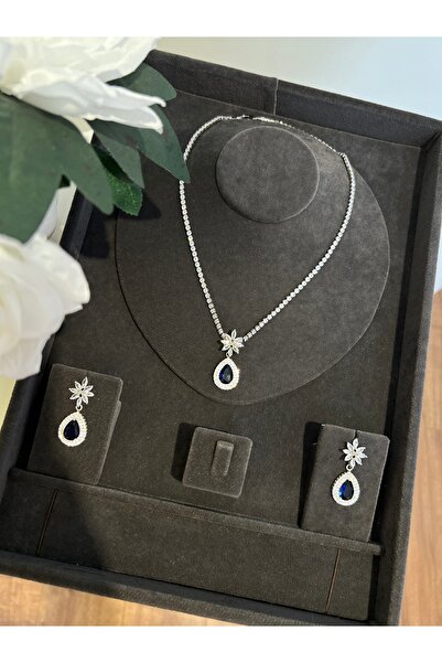 VİYA Carnation Mavi Zirkon Taşlı Kolye Küpe Set Düğün Nişan Seti