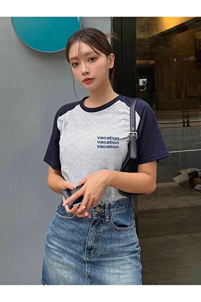 DUBU BUTİK Vocation Piece Supreme T-Shirt - Grey Navy Printed Oversize Crew Neck Short Sleeve T-Shirt