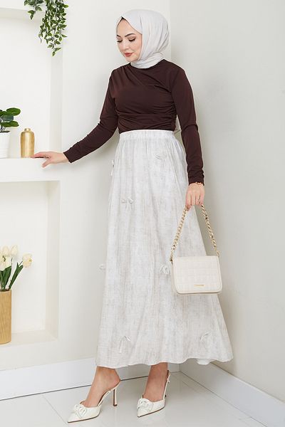 InStyle Ecru Skirt with Bow Detail and Elastic Waist