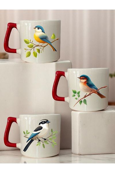 lili hediyelik Bird Printed 3-Piece Red Handled Ceramic Mug Cup Coffee Cup