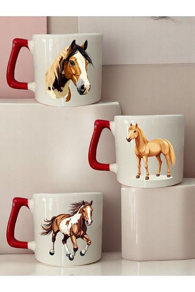 lili hediyelik Horse Printed 3-Piece Red Handled Ceramic Mug Cup Coffee Cup