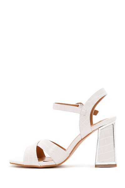 Derimod Women's White Ankle Strap Thick Heeled Shoes Crocodile Sandals 25Sfe4623E3