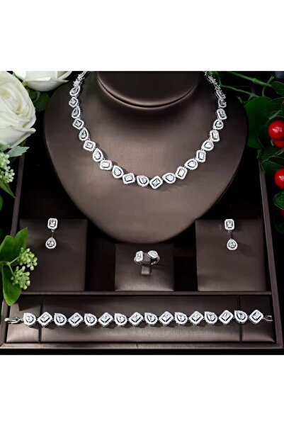 VİYA Bluebell Zircon Stone Necklace Earrings Bracelet Ring Set Wedding Engagement Set