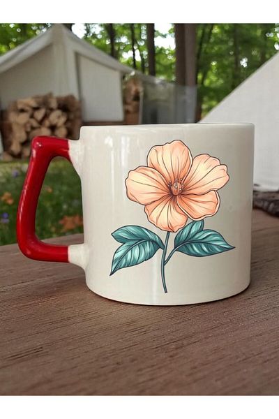 lili hediyelik Flower Printed 3-Piece Red Handled Ceramic Mug Cup Coffee Cup