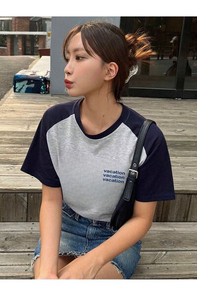 DUBU BUTİK Vocation Piece Supreme T-Shirt - Grey Navy Printed Oversize Crew Neck Short Sleeve T-Shirt