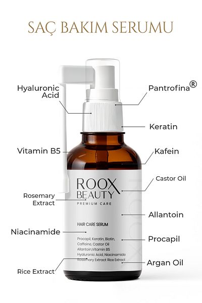 Roox Beauty مصل العناية بالشعر يحتوي على بروكابيل بيوتين، الكيراتين، الكافيين، ألانتوين، فيتامين ب5، زيت الخروع