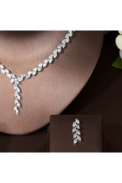 VİYA Anemone Zirkon Taşlı Takı Seti Kolye Küpe Set Düğün Nişan Seti