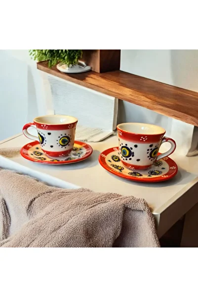 WPAWZ Handmade Red White Evil Eye Bead Pattern Ceramic Cup Set - Turkish Coffee Set for 2