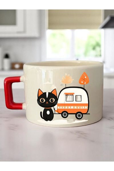lili hediyelik Cat and Caravan Printed 3-Piece Coffee Cup Ceramic Gift Mug Cup