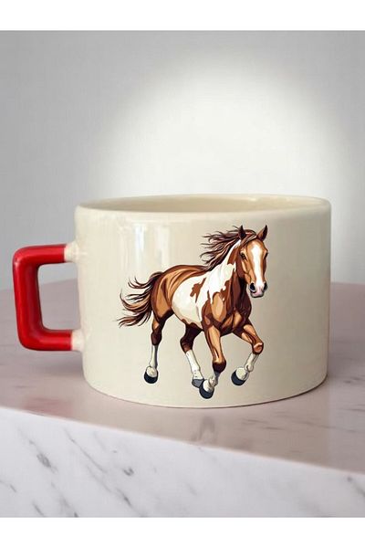 lili hediyelik Horse Printed 3-Piece Coffee Cup Ceramic Gift Mug Cup