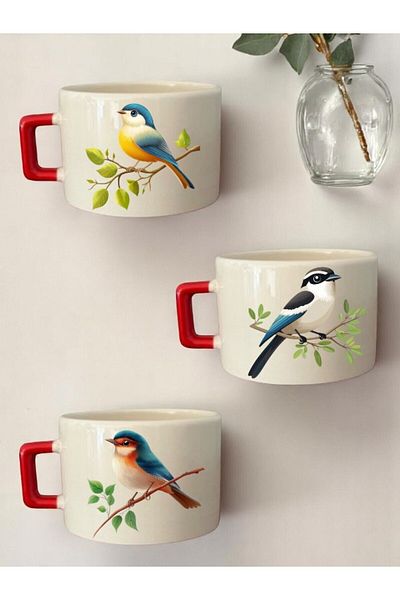lili hediyelik Bird Printed 3-Piece Coffee Cup Ceramic Gift Mug Cup