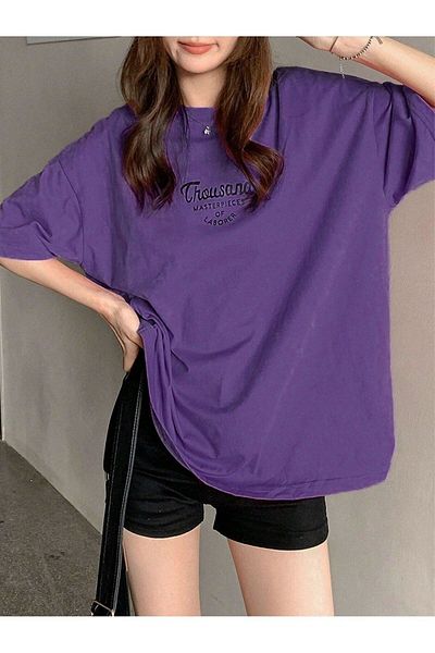 DUBU BUTİK Tricou mov Thousand Single Jersey - Tricou cu mânecă scurtă cu decolteu supradimensionat cu imprimeu alb