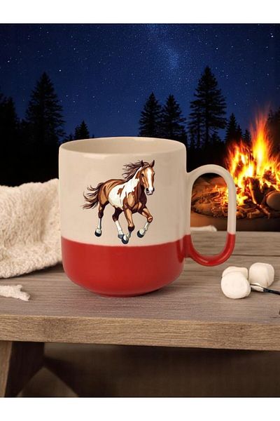 lili hediyelik Horse Printed 3-Piece Red Base Ceramic Mug