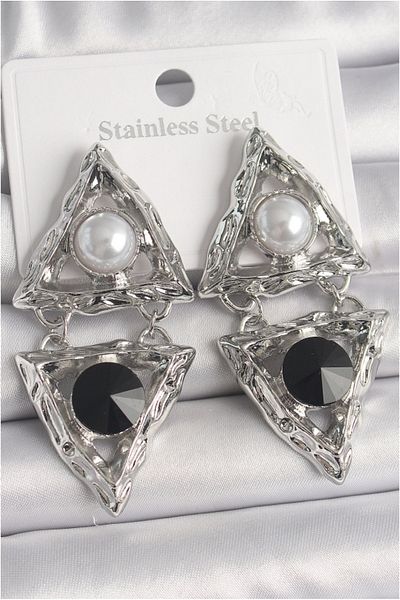 Clariss Brass Silver Color Hanging Triangle Model Pearl Detail Women's Earrings - Tj-Bkp10089