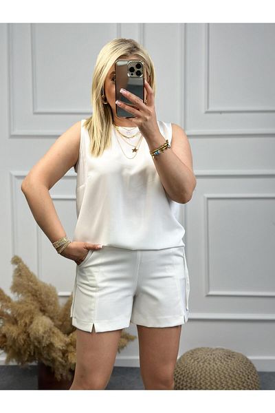 MELTEM TUĞAN White Cotton Satin Blouse - Long Slit, Zero Sleeve White